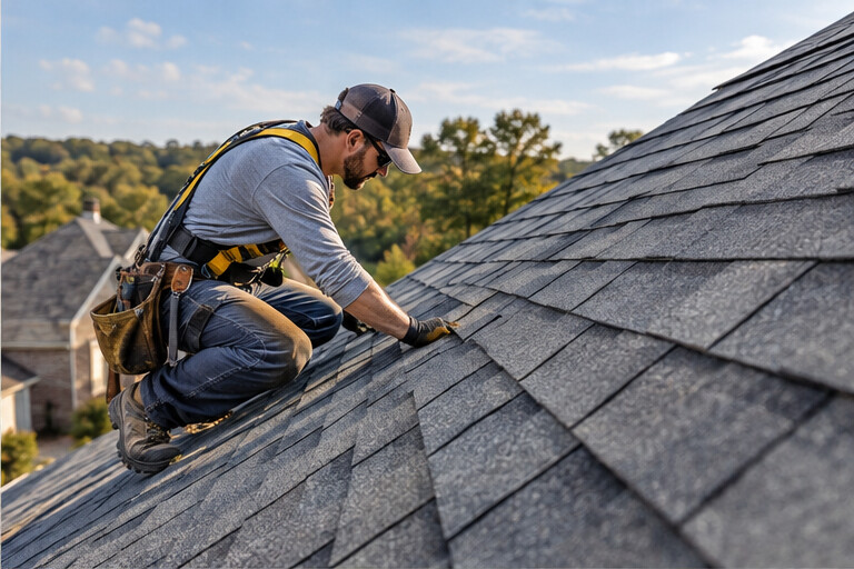 Professional inspecting an asphalt shingle roof